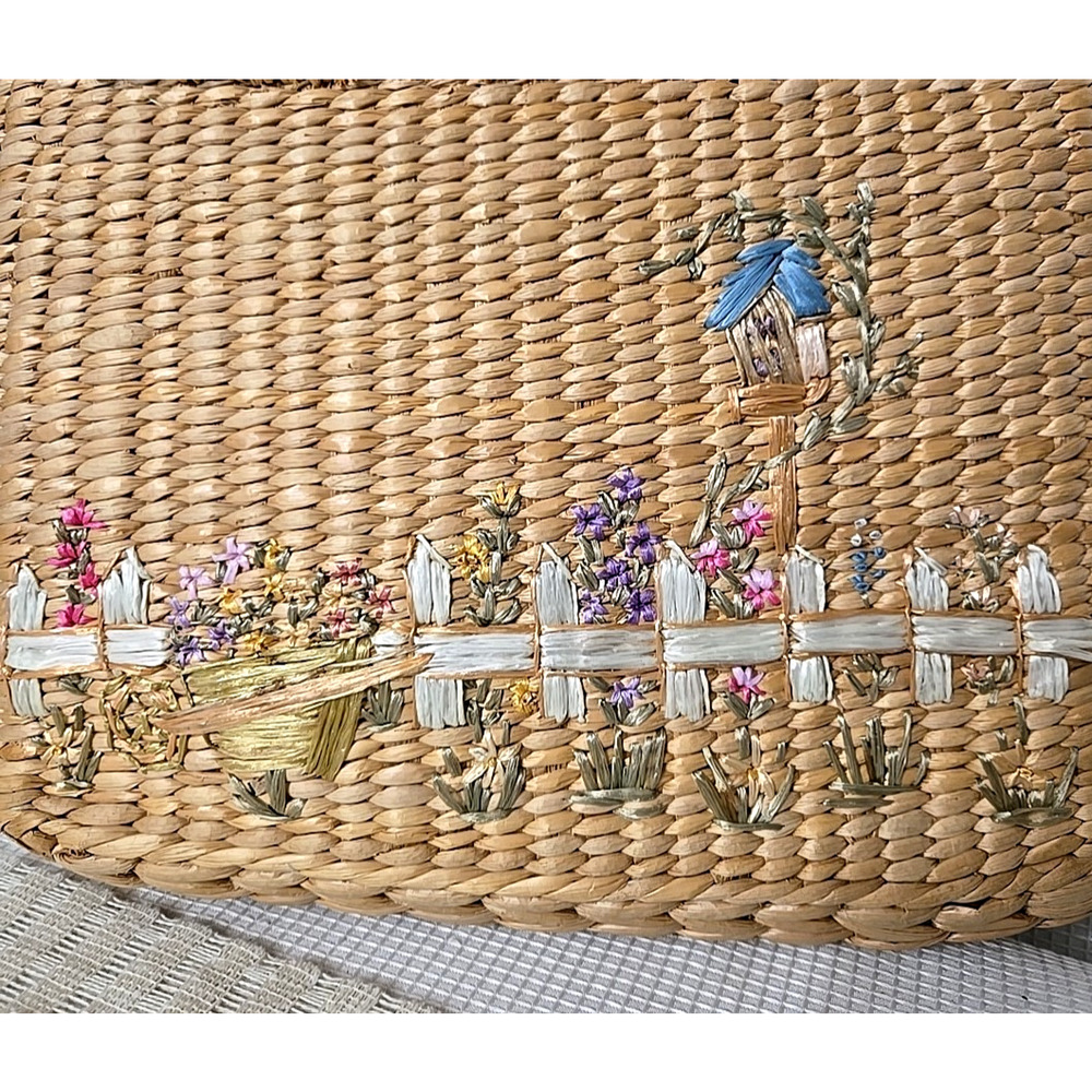 Vtg Cappelli Straworld Picket Fence Purse Wood Handles Rafia Lined Cottage Core - Picture 2 of 13